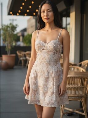 Windsor Nude Lace Mini Dress with White Floral Appliqué